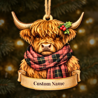 Personalized Clan Wallace Weathered Tartan Highland Cow Ornament with Custom Name – Scottish Christmas Tree Decoration