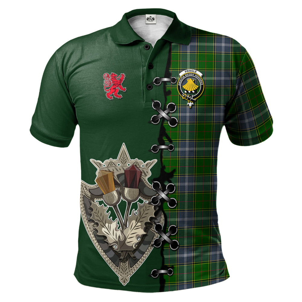 Clan Pringle Tartan Polo Shirt - Lion Rampant And Celtic Thistle Style LI45 Pringle Tartan Tartan Polo