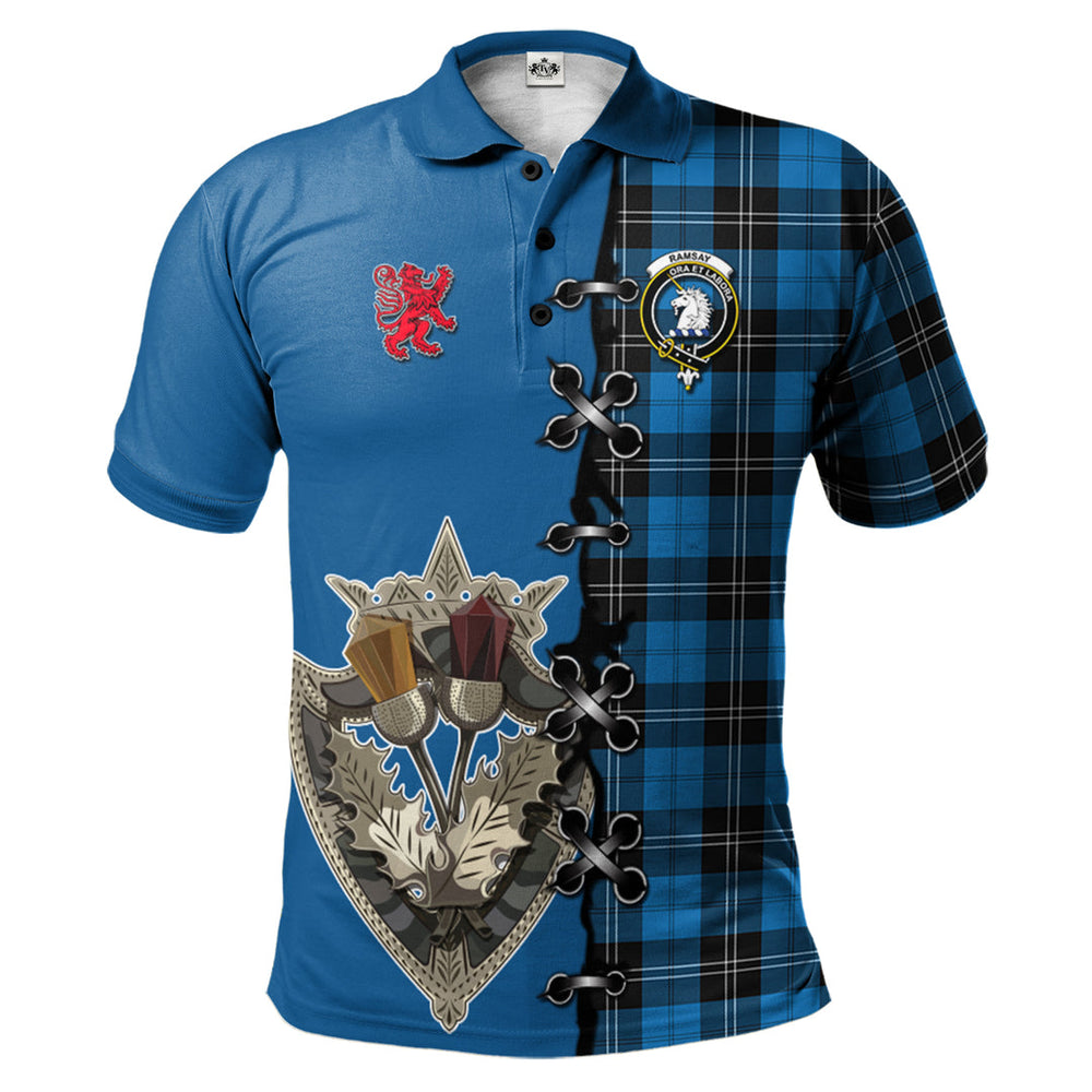 Clan Ramsay Blue Ancient Tartan Polo Shirt - Lion Rampant And Celtic Thistle Style SR65 Ramsay Blue Ancient Tartan Tartan Polo
