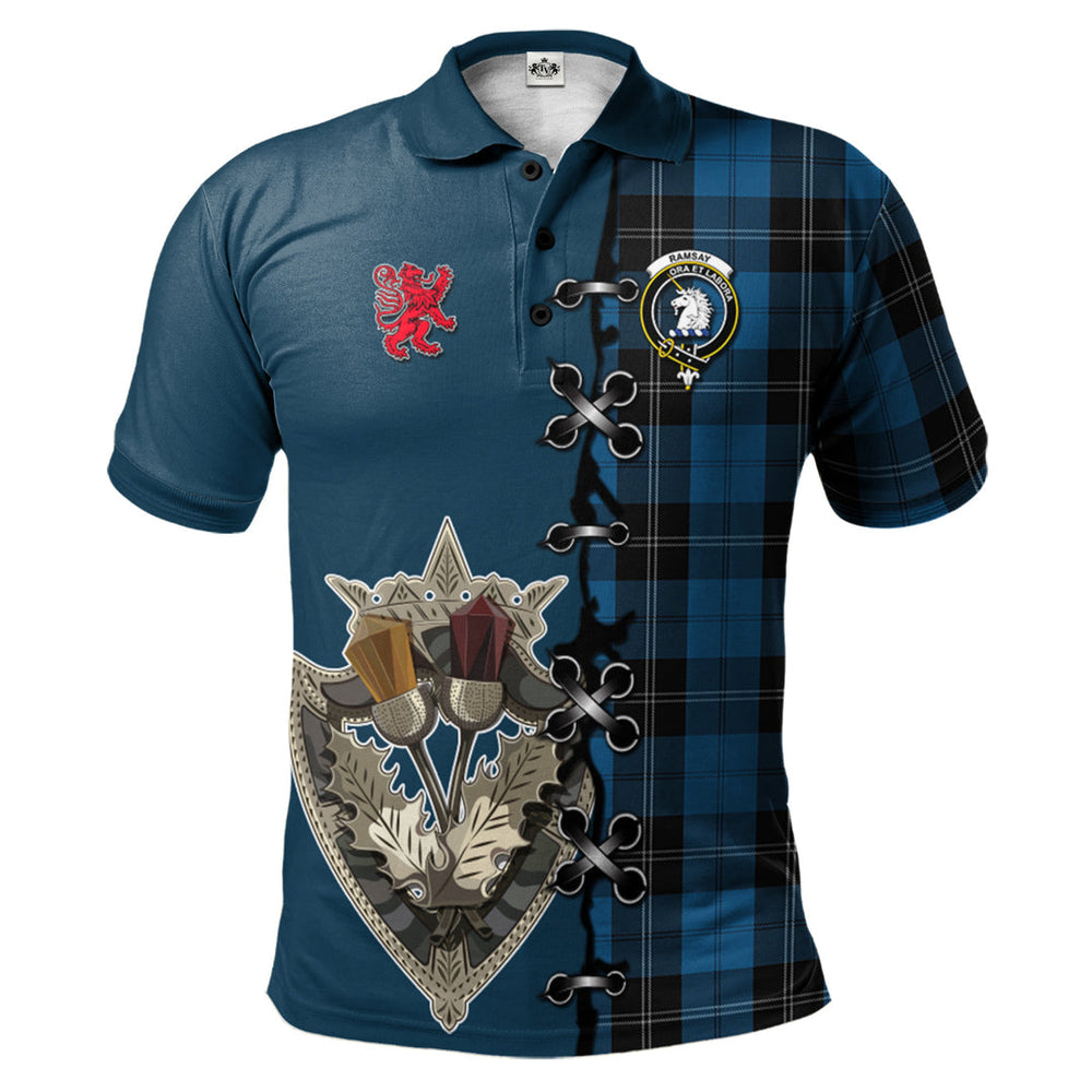 Clan Ramsay Blue Hunting Tartan Polo Shirt - Lion Rampant And Celtic Thistle Style KC46 Ramsay Blue Hunting Tartan Tartan Polo