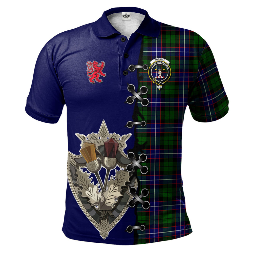 Clan Russell Modern Tartan Polo Shirt - Lion Rampant And Celtic Thistle Style OM95 Russell Modern Tartan Tartan Polo