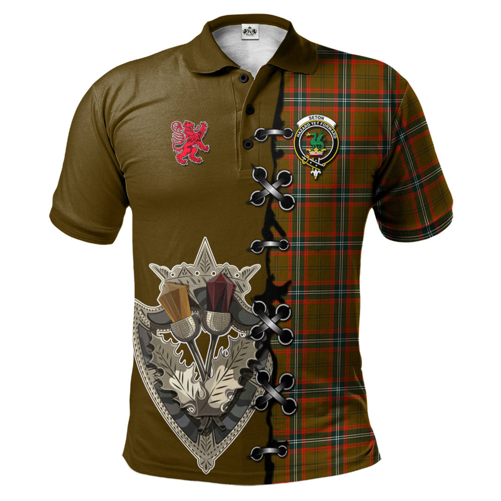 Clan Seton Hunting Modern Tartan Polo Shirt - Lion Rampant And Celtic Thistle Style CJ83 Seton Hunting Modern Tartan Tartan Polo