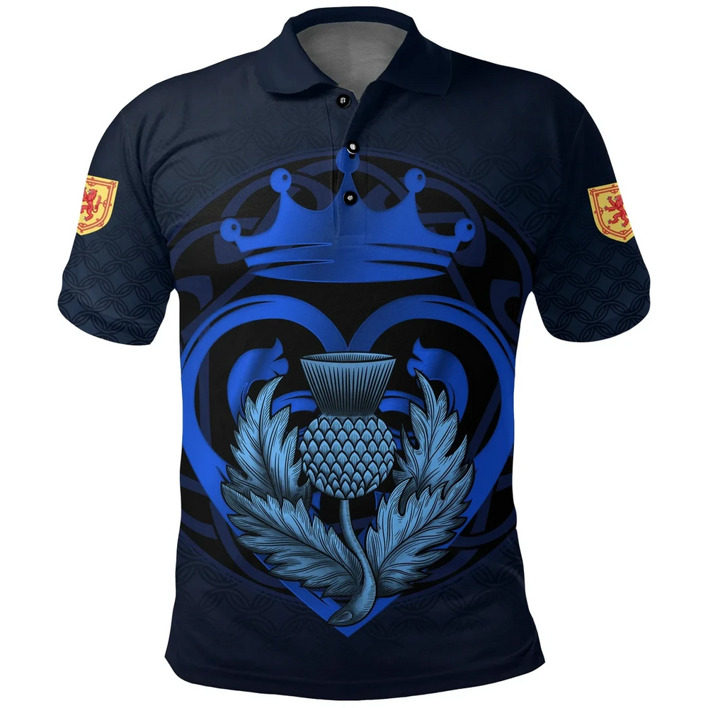 Clan Scots Print Polo Shirt - Blue Luckenbooth Thistle And Lion Style Polo Shirt AT41 Scots Print - Blue Luckenbooth Thistle And Lion Style Tartan Polo