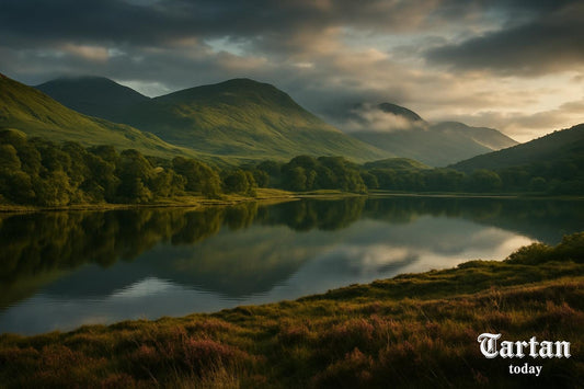 Argyll loch and green hills at golden hour, homeland of Clan Campbell - campbell tartan | Tartan Today