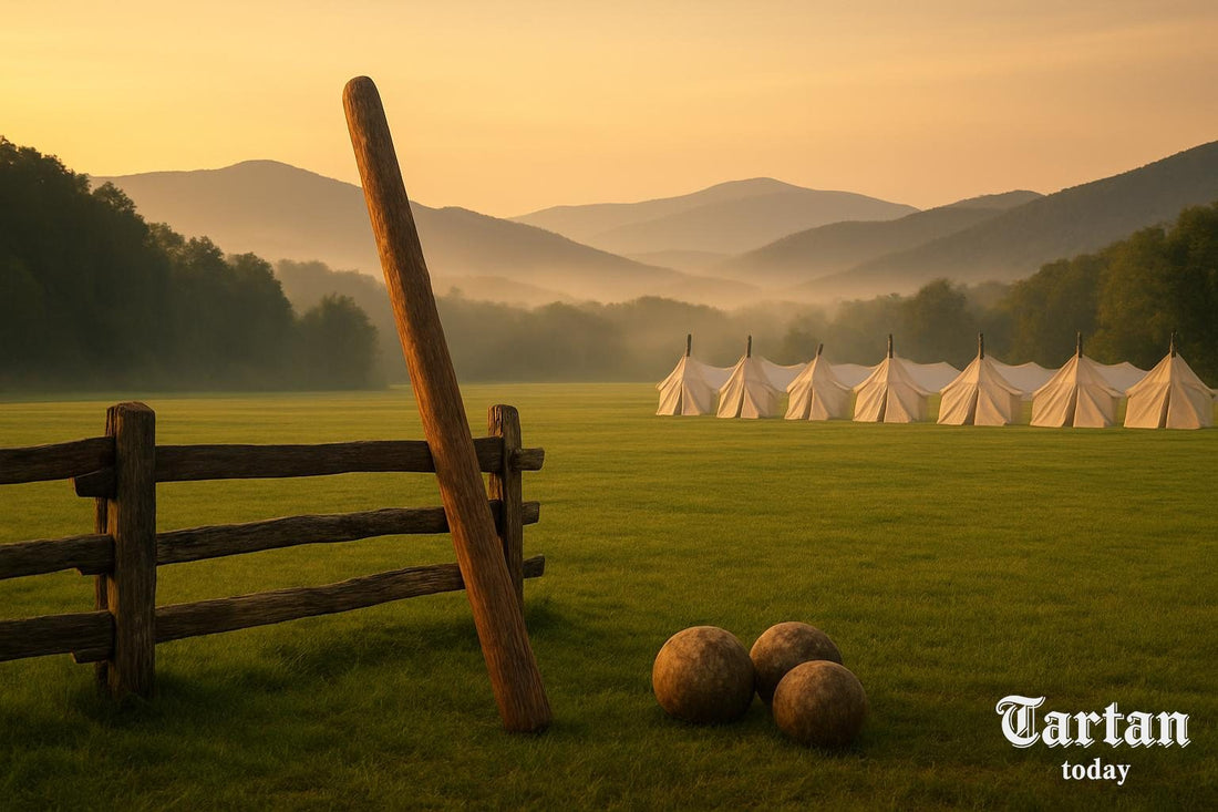 Caber and stones on a Highland Games field in the Blue Ridge Mountains at dawn - highland games usa | Tartan Today