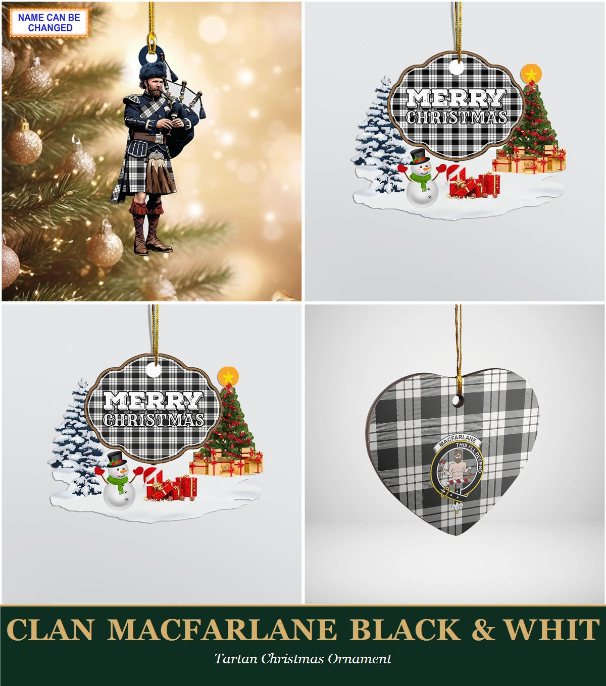 Clan MacFarlane Black & White Tartan Christmas Ornament