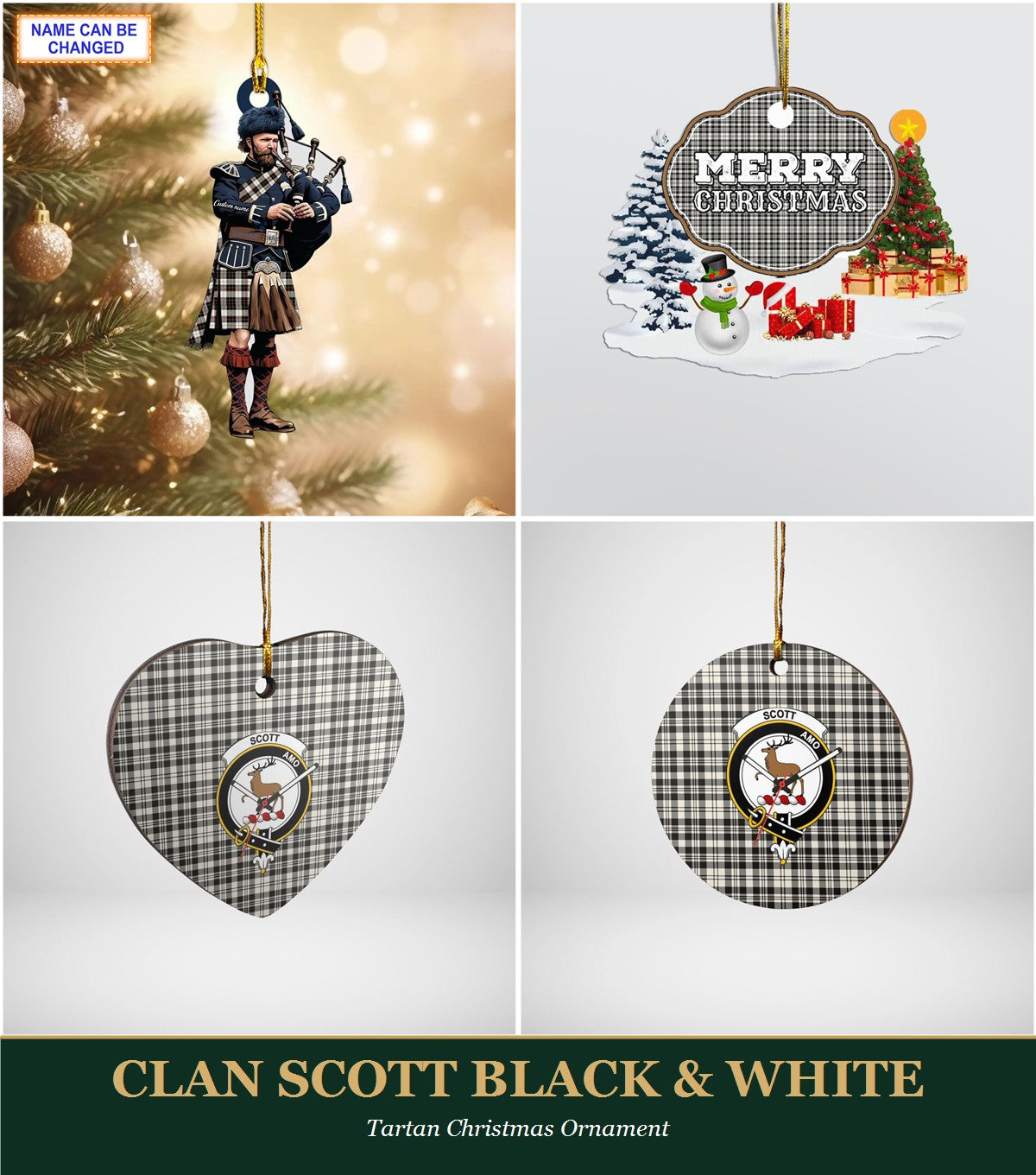 Clan Scott Black & White Tartan Christmas Ornament