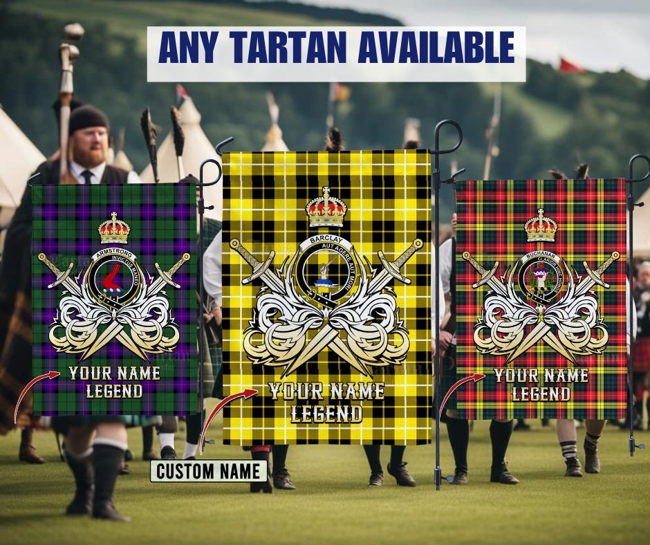 Custom Name Garden Flag with Clan Crest and the Golden Sword of Courageous Legacy