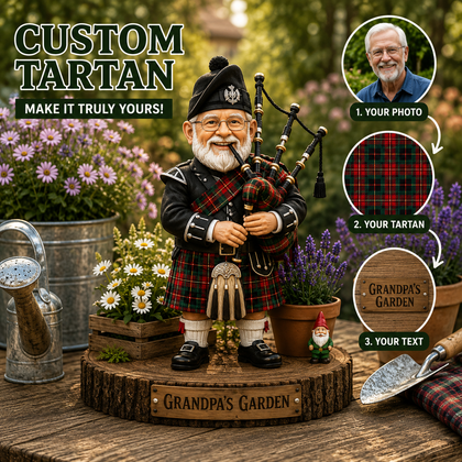 Personalized Clan Bagpipe Garden Gnome Caricature Plaque Custom Photo