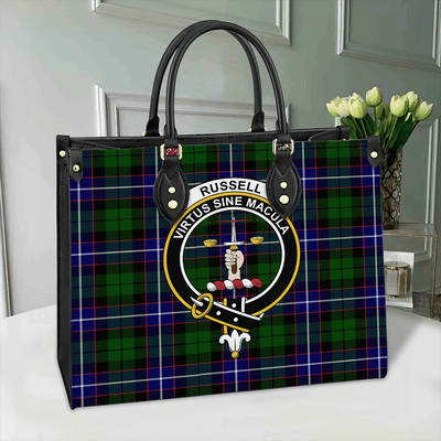 Clan Russell Modern Tartan Crest Leather Bag