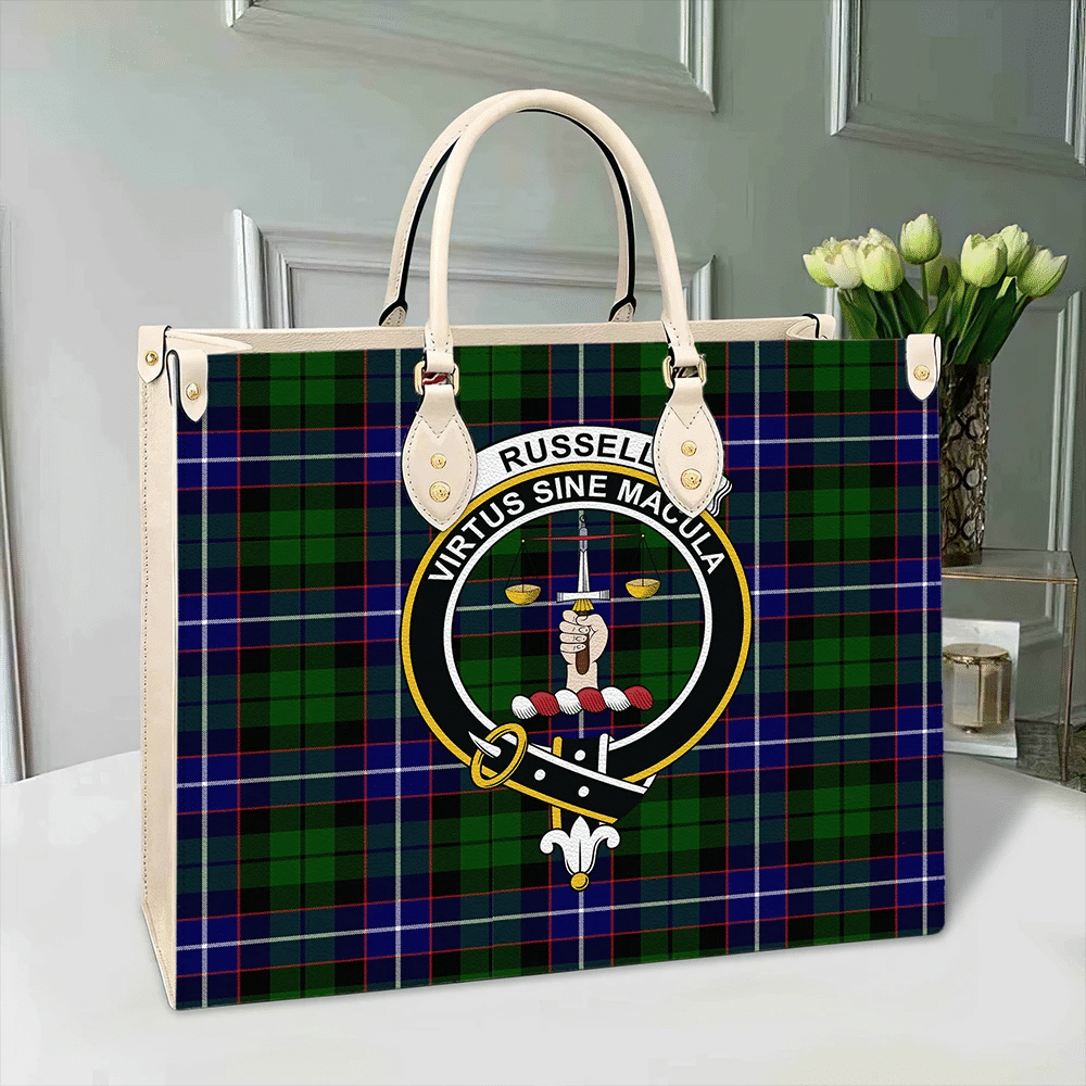 Clan Russell Modern Tartan Crest Leather Bag RA35 Clan Russell Tartan Today   