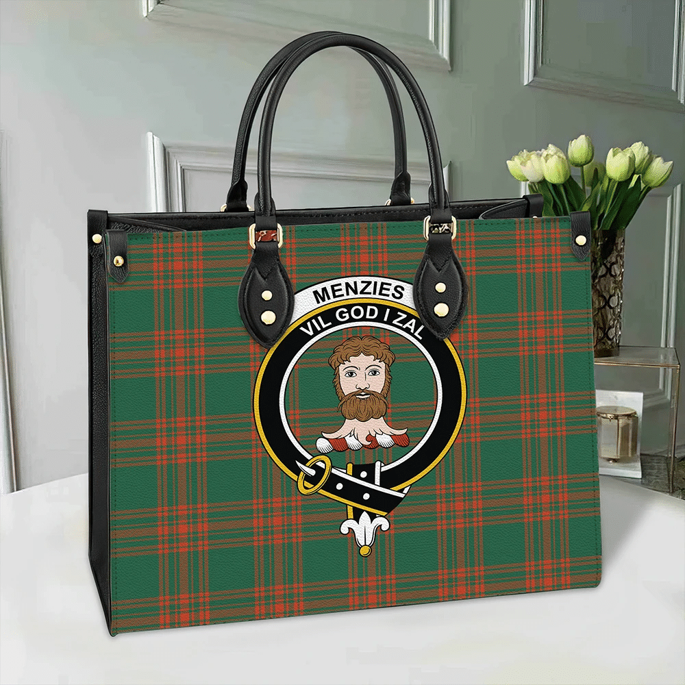 Clan Menzies Green Ancient Tartan Crest Leather Bag LZ30 Clan Menzies Tartan Today   