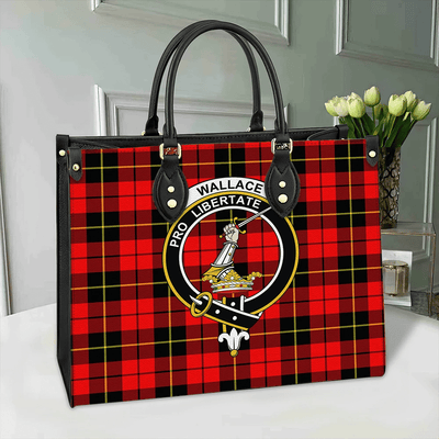 Clan Wallace Hunting Red Tartan Crest Leather Bag