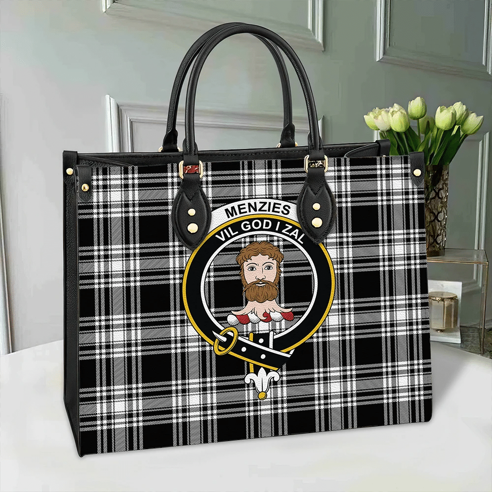 Clan Menzies Black & White Modern Tartan Crest Leather Bag FO96 Clan Menzies Tartan Today   