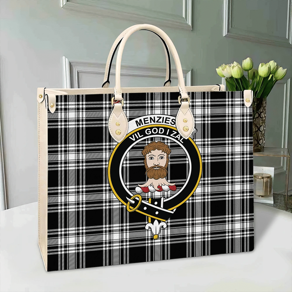 Clan Menzies Black & White Modern Tartan Crest Leather Bag FO96 Clan Menzies Tartan Today   