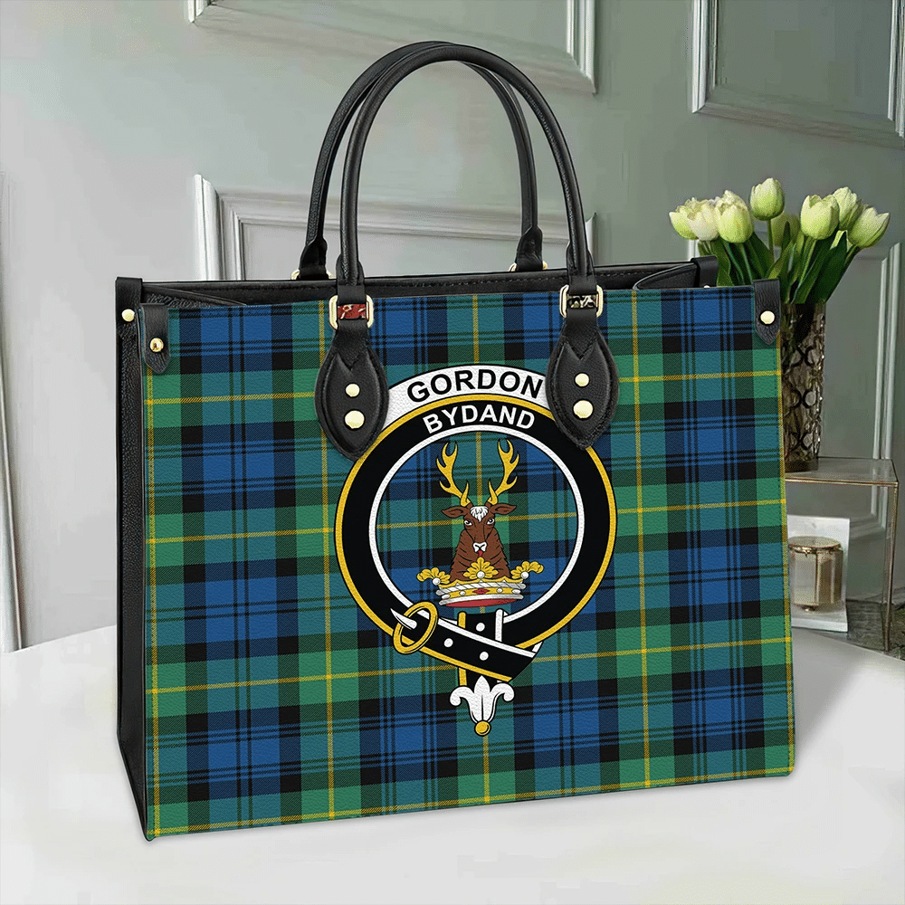 Clan Gordon Ancient Tartan Crest Leather Bag QR66 Clan Gordon Tartan Today   