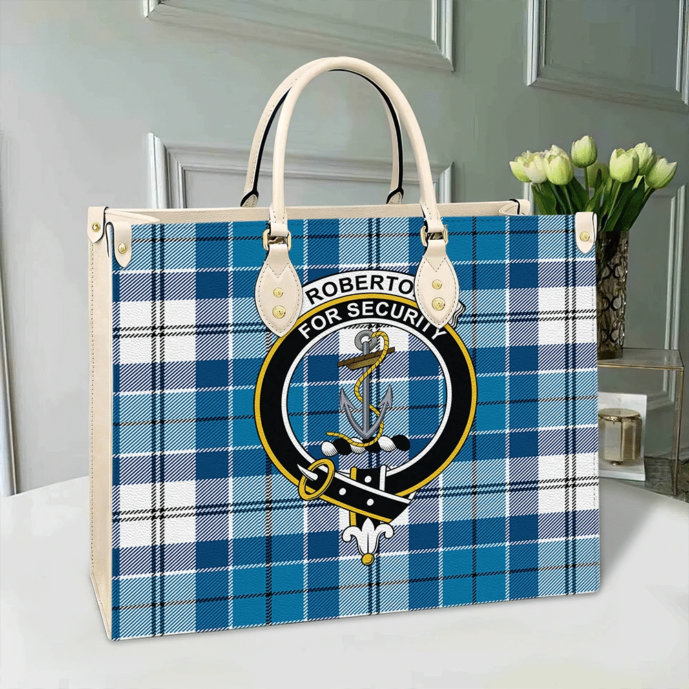 Clan Roberton Tartan Crest Leather Bag ET55 Clan Roberton Tartan Today   