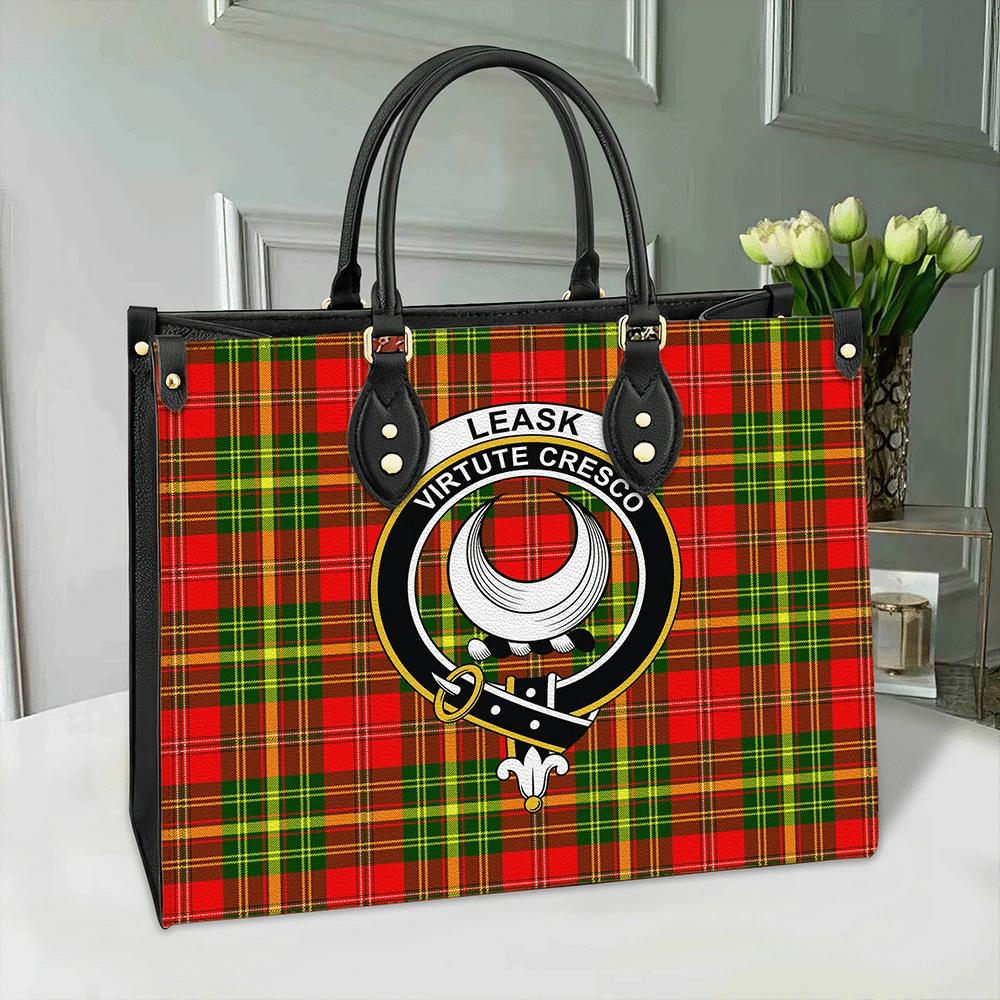 Clan Leask Tartan Crest Leather Bag EE47 Clan Leask Tartan Today   