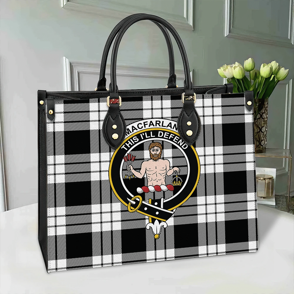 Clan MacFarlane Black & White Ancient Tartan Crest Leather Bag SL78 Clan MacFarlane Tartan Today   