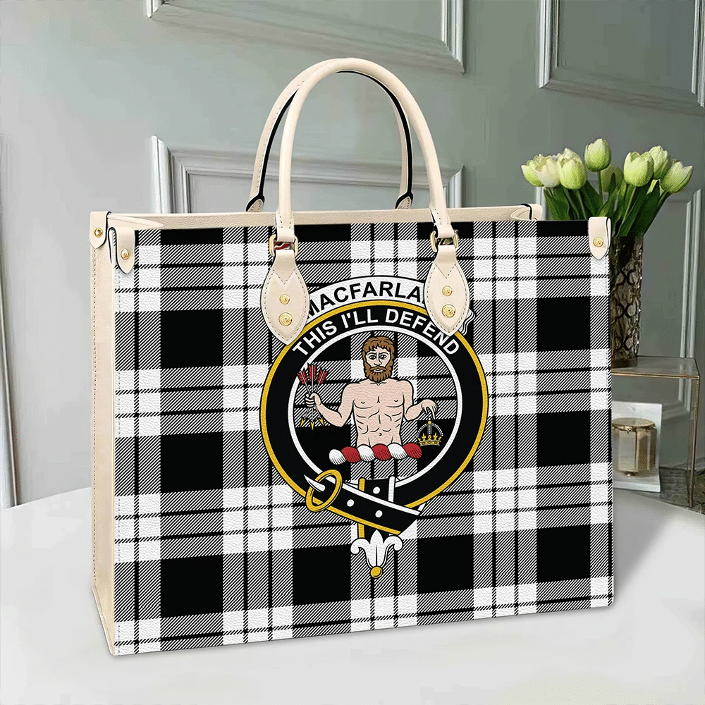 Clan MacFarlane Black & White Ancient Tartan Crest Leather Bag SL78 Clan MacFarlane Tartan Today   