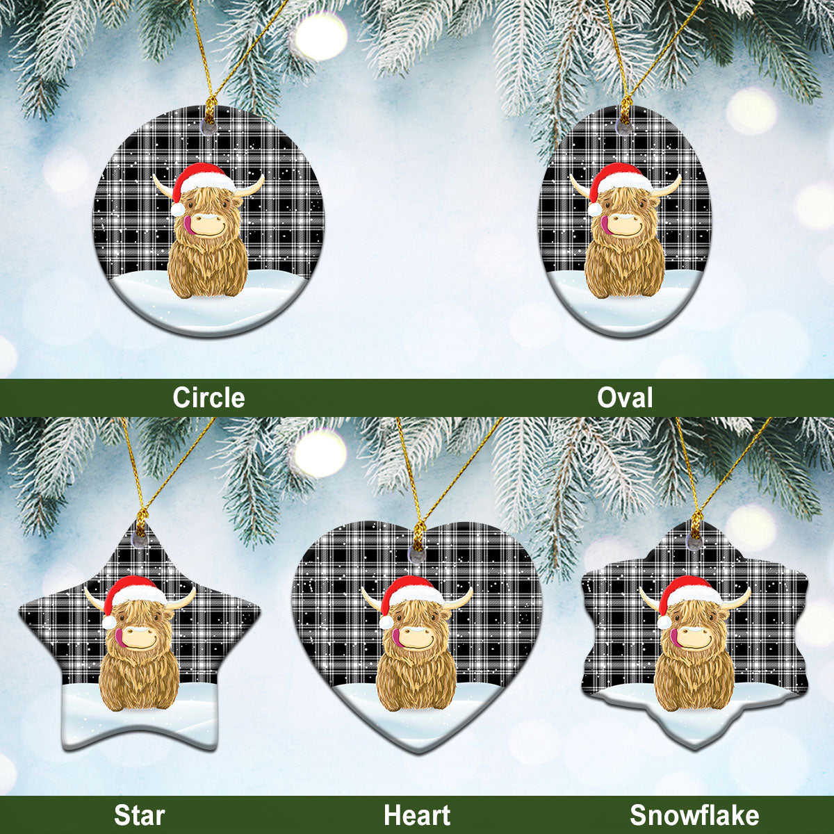 Clan Menzies Black _ White Modern Tartan Christmas Ceramic Ornament Highland Cows Style ML46 Menzies Black _ White Modern Tartan Tartan Ornament   