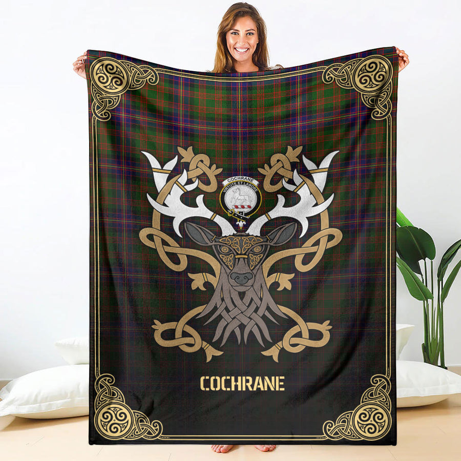 Clan Cochrane Modern Tartan Crest Premium Blanket Celtic Stag Style QN18 Clan Cochrane Tartan Today   