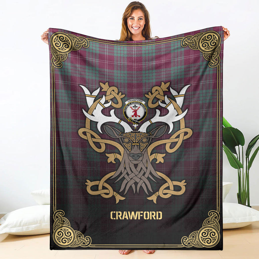 Clan Crawford Ancient Tartan Crest Premium Blanket Celtic Stag Style
