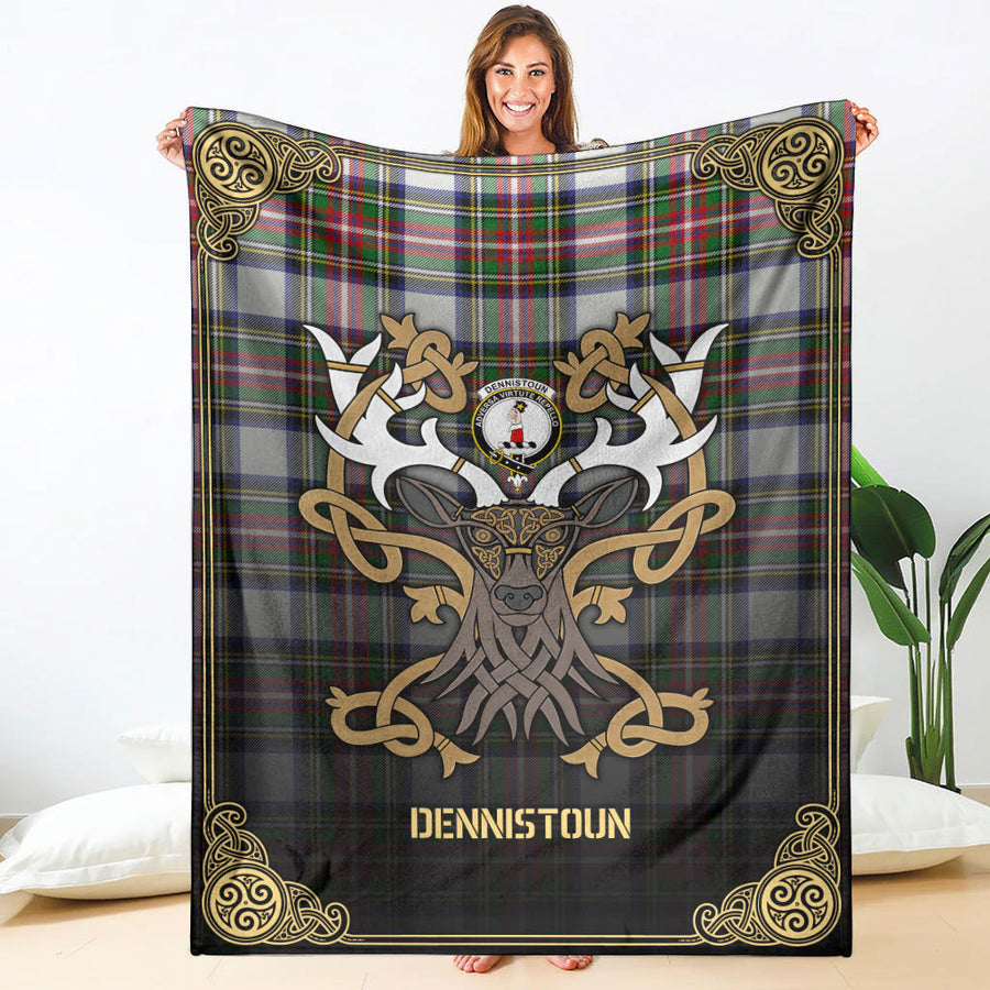 Clan Dennistoun Tartan Crest Premium Blanket Celtic Stag Style