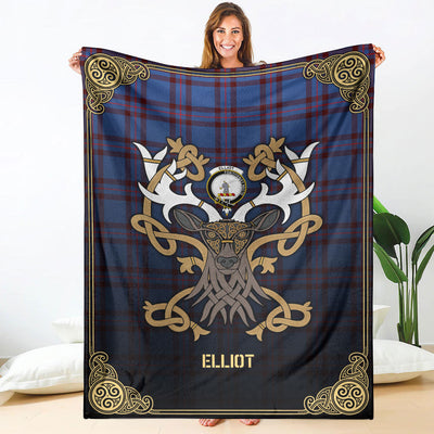 Clan Elliot Modern Tartan Crest Premium Blanket Celtic Stag Style