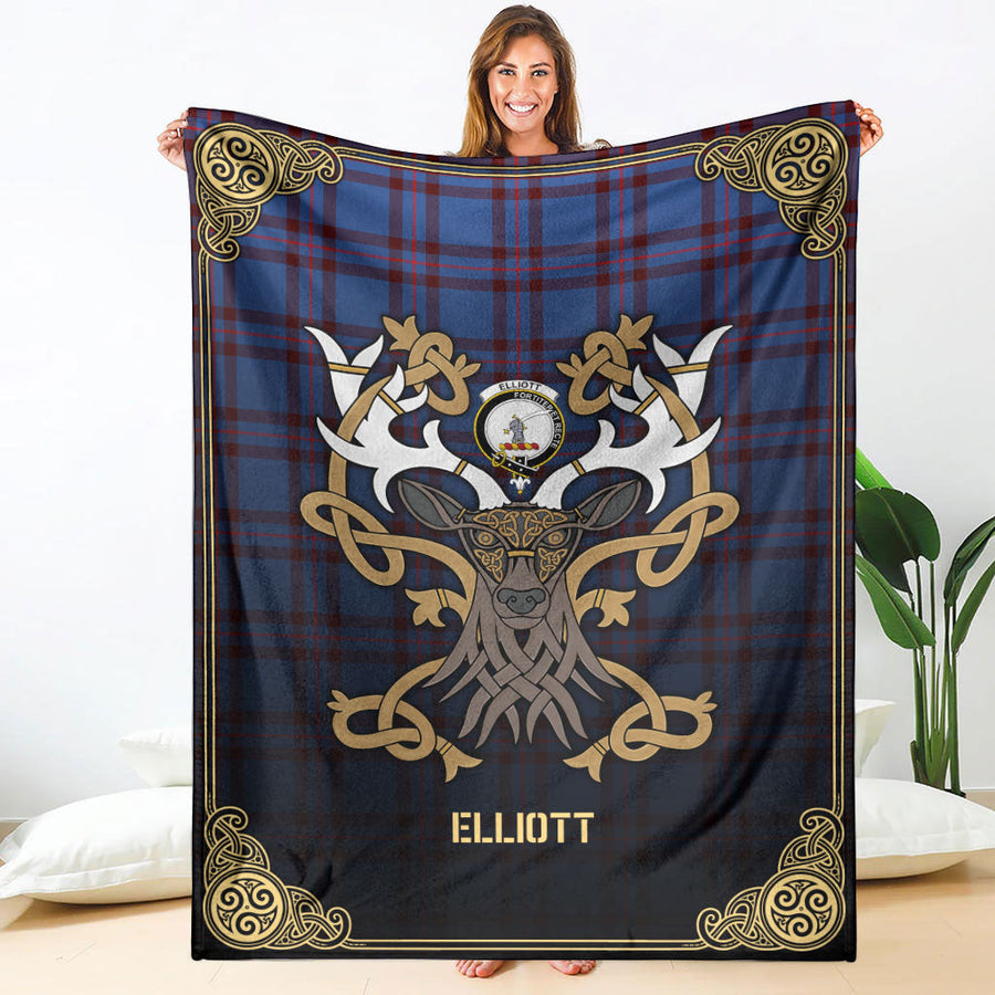 Clan Elliott Modern Tartan Crest Premium Blanket Celtic Stag Style
