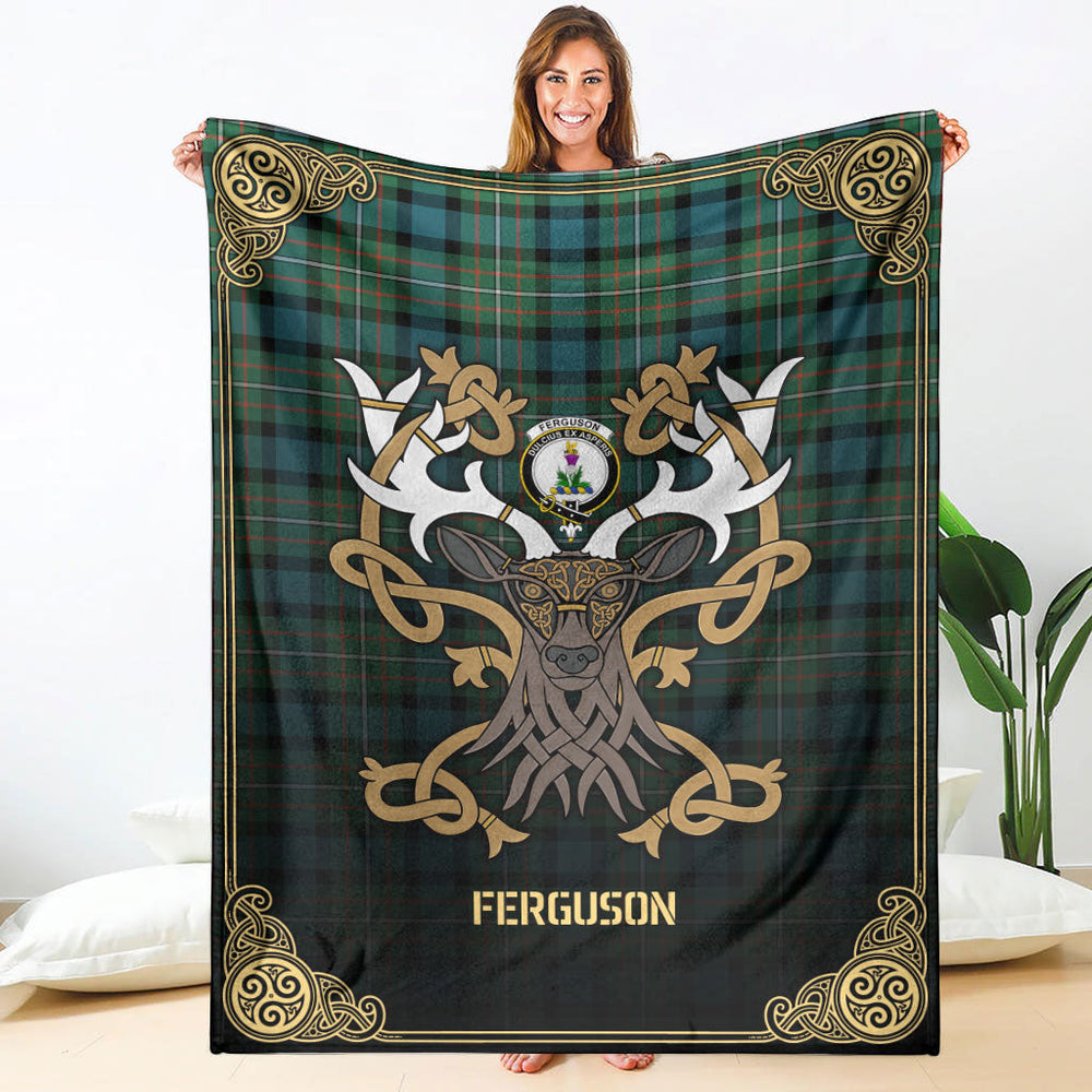 Clan Ferguson Ancient Tartan Crest Premium Blanket Celtic Stag Style JY30 Clan Hall Tartan Today   
