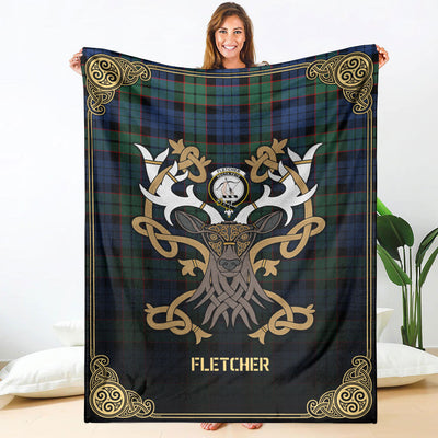 Clan Fletcher Ancient Tartan Crest Premium Blanket Celtic Stag Style TC12