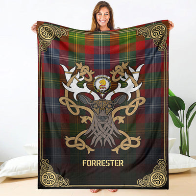 Clan Forrester Tartan Crest Premium Blanket Celtic Stag Style LM79