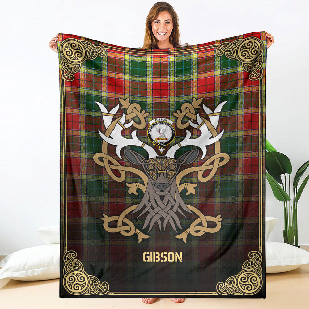 Clan Gibson Tartan Crest Premium Blanket Celtic Stag Style YI64 Clan Hall Tartan Today   