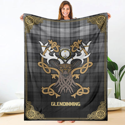Clan Glendinning Tartan Crest Premium Blanket Celtic Stag Style