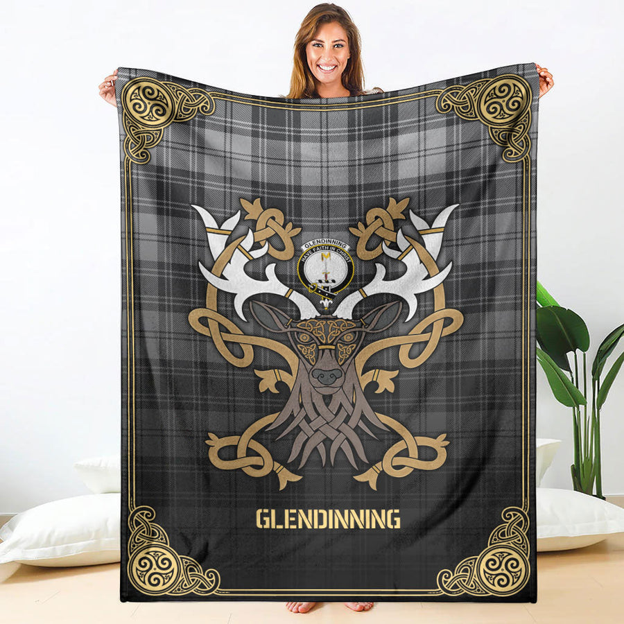 Clan Glendinning Tartan Crest Premium Blanket Celtic Stag Style