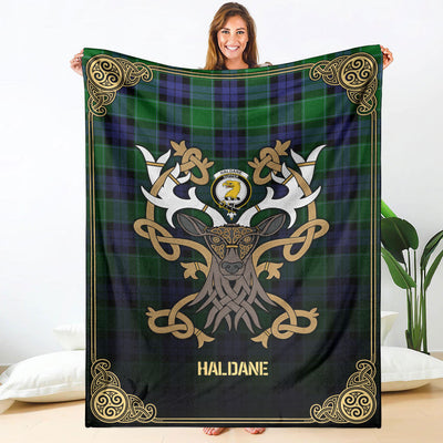 Clan Haldane Tartan Crest Premium Blanket Celtic Stag Style