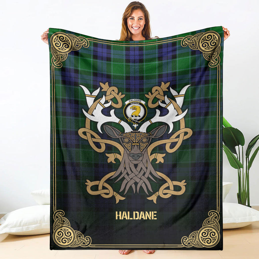 Clan Haldane Tartan Crest Premium Blanket Celtic Stag Style