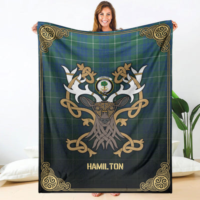 Clan Hamilton Hunting Ancient Tartan Crest Premium Blanket Celtic Stag Style ON44