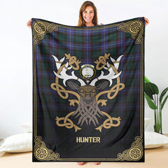 Clan Hunter Modern Tartan Crest Premium Blanket Celtic Stag Style IQ50 Clan Hunter Tartan Today   