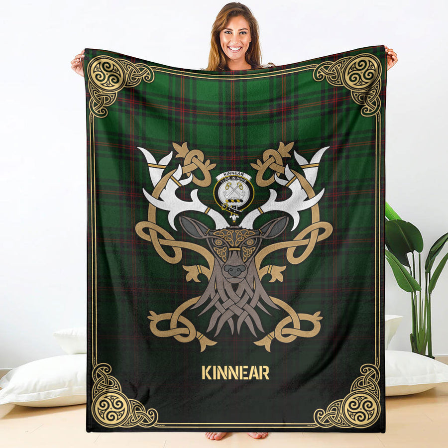 Clan Kinnear Tartan Crest Premium Blanket Celtic Stag Style