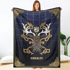 Clan Kirkaldy Tartan Crest Premium Blanket Celtic Stag Style SJ93 Clan Kirk Tartan Today   