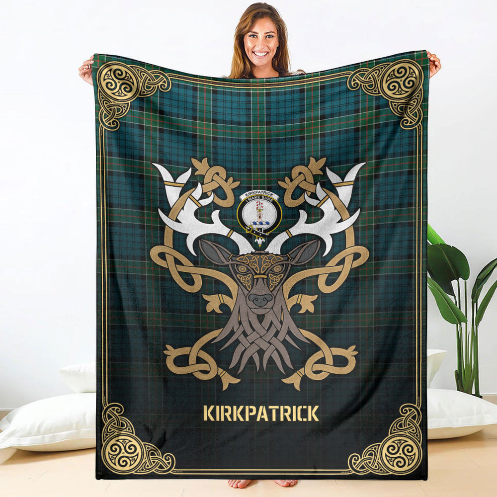 Clan Kirkpatrick Ancient Tartan Crest Premium Blanket Celtic Stag Style NV55 Clan Kirk Tartan Today   