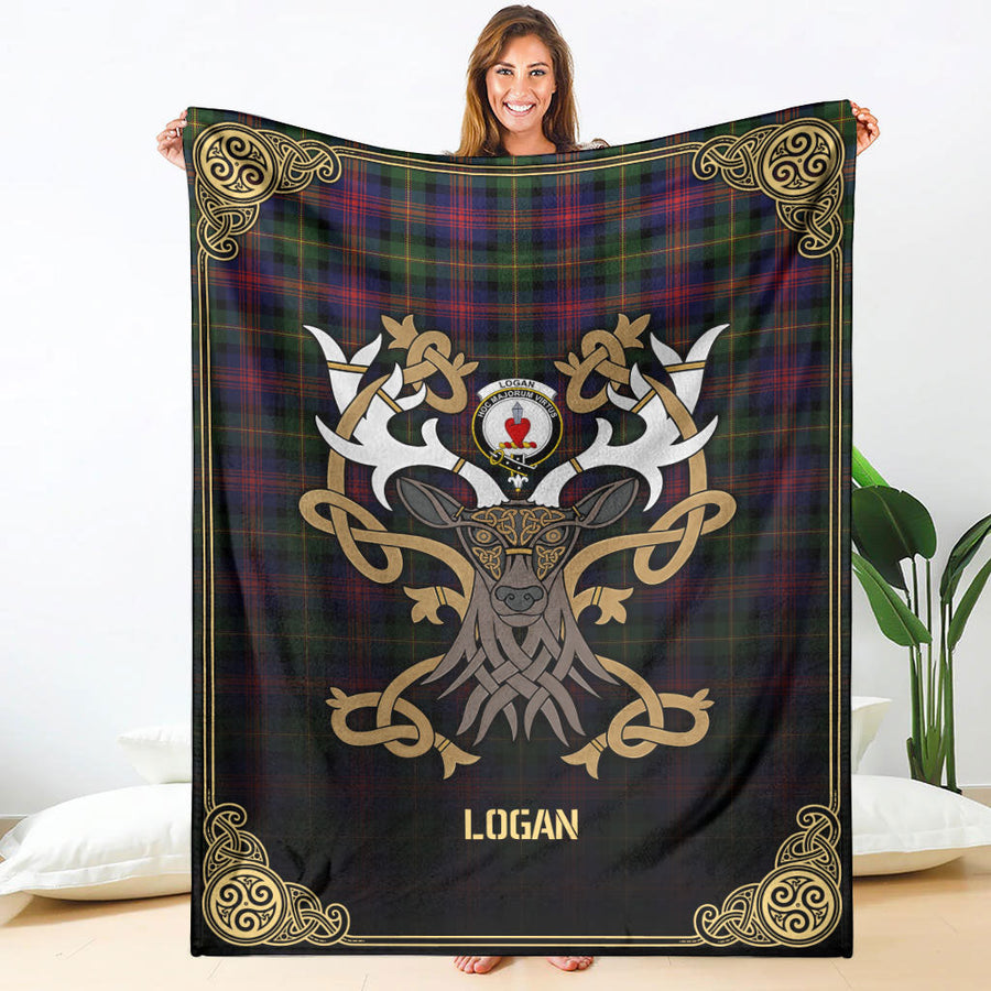 Clan Logan Modern Tartan Crest Premium Blanket Celtic Stag Style
