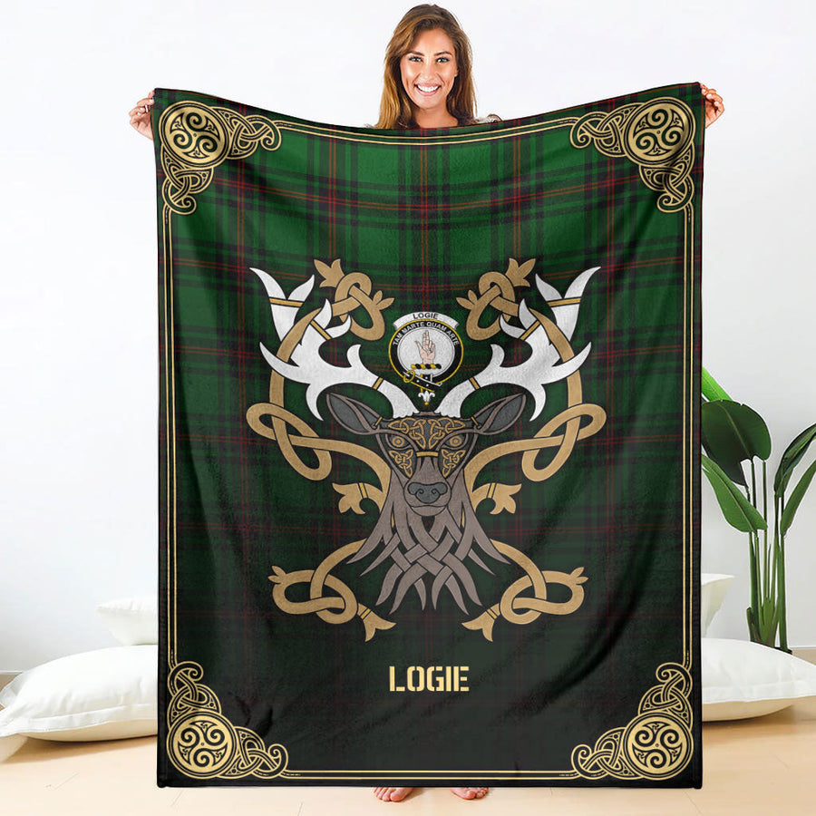 Clan Logie Tartan Crest Premium Blanket Celtic Stag Style