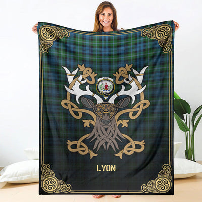 Clan Lyon Tartan Crest Premium Blanket Celtic Stag Style