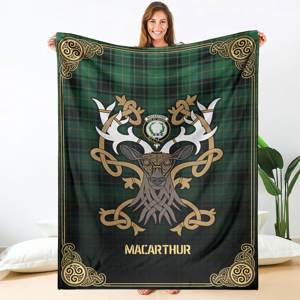 Clan MacArthur Ancient Tartan Crest Premium Blanket Celtic Stag Style WM67 Clan MacArthur Tartan Today   