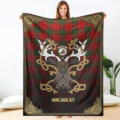 Clan MacAulay Modern Tartan Crest Premium Blanket Celtic Stag Style KM79
