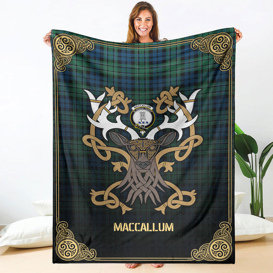 Clan MacCallum Ancient Tartan Crest Premium Blanket Celtic Stag Style