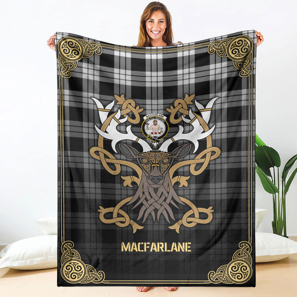 Clan MacFarlane Black  _ White Tartan Crest Premium Blanket Celtic Stag Style HN27 Clan MacFarlane Tartan Today   